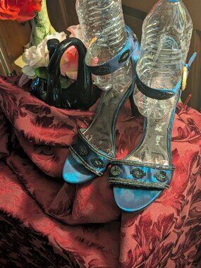 Sam Edelman heels -Blue satin -Black Jeweled -Leather outsole -Ankle-Strap -Sz 9